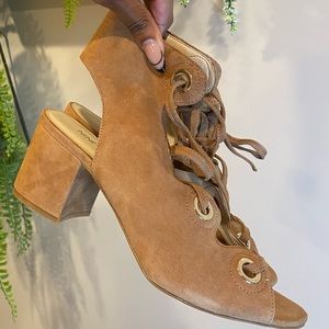 NINE WEST brown suede open toe bootie/sandal. Only tie up w/ no zipper